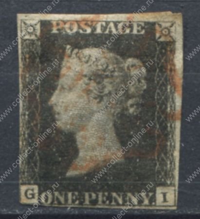 Великобритания 1840 г. Gb# 1 • 1 d. • Королева Виктория • Черный пенни • гашение - красный мальтийский крест • Used VF+ ( кат.- £400 )