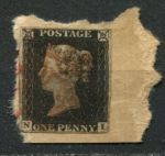 Великобритания 1840 г. • Gb# 1 • 1 d. • Королева Виктория • Черный пенни • гашение - красный мальтийский крест • Used VF ( кат.- £400 )