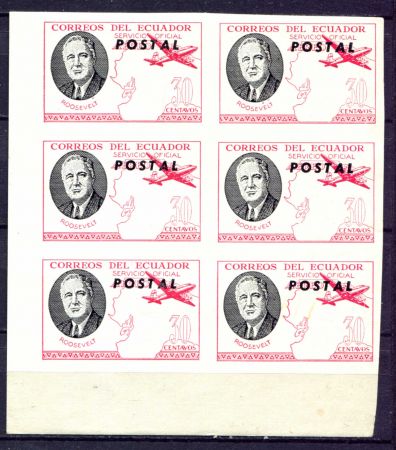 Эквадор 1949 г. • Mi# D176 • 30 c. • Франклин Делано Рузвельт  • б.з. • блок 6 марок • MN OG VF