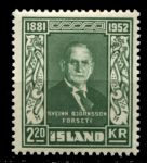 Исландия 1952 г. • Mi# 282 • 2.20 kr. • Памяти президента Свейна Бьернссона • MNH OG VF