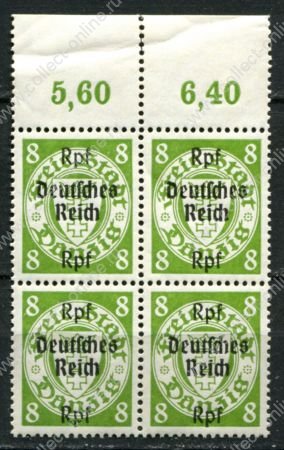 Германия 3-й рейх 1939 г. • Mi# 719 • 8 pf. • надпечатка "Deutsches Reich" на марке Данцига • кв.блок • MNH OG XF+ ( кат.- € 18+ )