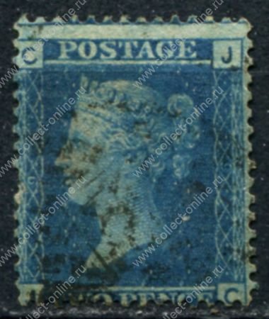 Великобритания 1858-1879 гг. • Gb# 45 pl. 9 • 2 d. • Королева Виктория • темно-синяя • Used F ( кат.- £15 )