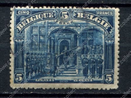 Бельгия 1919 г. • Mi# 144A • 5 fr. • Король Альберт I со знаменем • "Frank" • Used VF