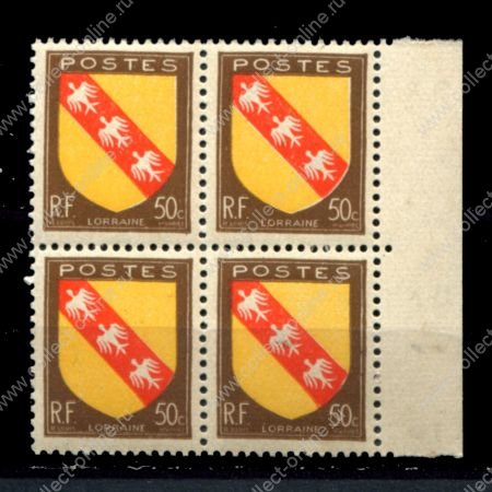 Франция 1946 г. • Iv# 757 • 50 c. • гербы городов и регионов, Лотарингия • стандарт • кв. блок • MNH OG XF