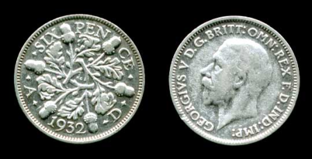 Великобритания 1932 г. • KM# 832 • 6 пенсов • Георг V • регулярный выпуск • F-VF