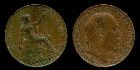 Великобритания 1908 г. • KM# 794.2 • пенни • Эдуард VII • регулярный выпуск • XF ( кат. - $25 )