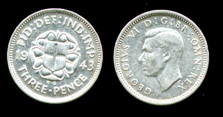 Великобритания 1943 г. • KM# 848 • 3 пенса • Георг VI • регулярный выпуск • XF ( кат. - $25 )