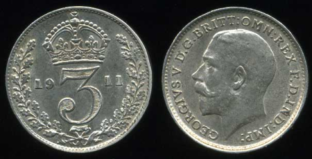 Великобритания 1911 г. • KM# 813 • 3 пенса • Георг V • регулярный выпуск(первый год) • AU ( кат. - $20 )