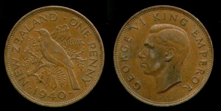 Новая Зеландия 1940 г. • KM# 21 • 1 пенни • Георг VI • птица туи • регулярный выпуск • AU+ красн.