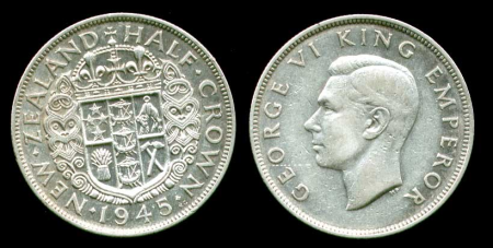 Новая Зеландия 1945 г. • KM# 11 • полкроны • Георг VI • герб доминиона • серебро • регулярный выпуск • XF-AU ( кат. - $30-50 )