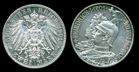 Пруссия 1901 г. A • KM# 525 • 2 марки • 200-летие Прусского королевства • Императорская чета • памятный выпуск • серебро • BU ( кат. - $50 )