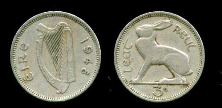Ирландия 1948 г. • KM# 12a • 3 пенса • заяц • регулярный выпуск • XF+