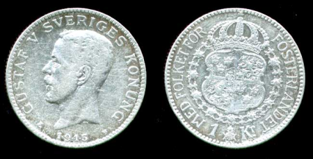 Швеция 1915 г. • KM# 786.1 • 1 крона • Густаф V • серебро • регулярный выпуск • VF+