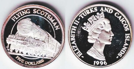 Тёркс и Кайкос 1996 г. KM# 147 • 5 долларов • локомотив "Летящий шотландец" • серебро 999 • MS BU пруф!