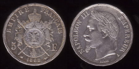 Франция 1869 г. A (Париж) KM# 799.1 • 5 франков • император Наполеон III • серебро • регулярный выпуск • XF