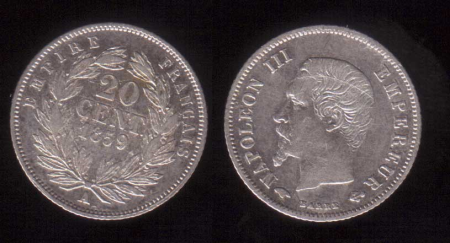 Франция 1859 г. A (Париж) KM# 778.1 • 20 сантимов • император Наполеон III • регулярный выпуск • XF+ ( кат.- $25 )