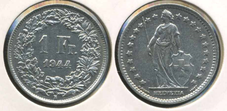 Швейцария 1944 г. B (Берн) • KM# 24 • 1 франк • серебро • регулярный выпуск • XF-AU