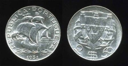 Португалия 1951 г. • KM# 580 • 2 ½ эскудо • каравелла Колумба • серебро • регулярный выпуск • BU