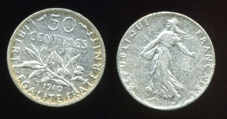 Франция 1910 г. KM# 854 • 50 сантимов • "Марианна"-сеятельница • серебро • регулярный выпуск • XF