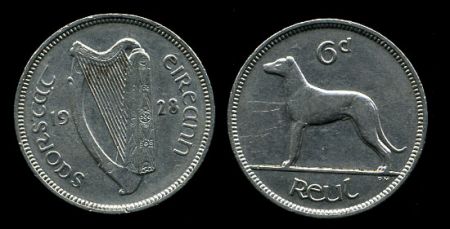 Ирландия 1928 г. • KM# 5 • 6 пенсов • ирландский вольфхаунд • регулярный выпуск(первый год) • BU ( кат. - $35 )