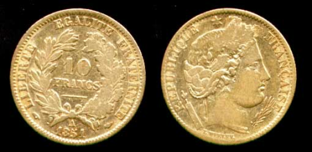 Франция 1851 г. A(Париж) • KM# 770 • 10 франков • Наполеон III • золото 900 - 3.23 гр. • регулярный выпуск • XF
