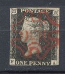 Великобритания 1840 г. • Gb# 1 • 1 d. • Королева Виктория • Черный пенни • гашение - красный мальтийский крест • Used VF- ( кат.- £400 )