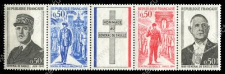Франция 1971 г. • Mi# 1772-5 • 1-я годовщина смерти Де Голля • сцепка 5 марок • MNH OG VF