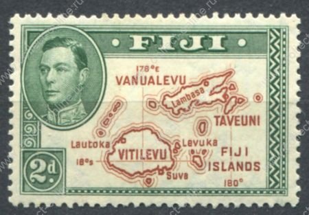 Фиджи 1938-1955 гг. • Gb# 256 • 2 ½ d. • Георг VI осн. выпуск • карта островов • кв. блок • MNH OG XF ( кат. - £10.00 )