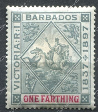 Барбадос 1897-1898 гг. • Gb# 116 • ¼ d. • Юбилей правления(60 лет) королевы Виктории • "Правь Британия" • MH OG VF ( кат.- £ 9 )