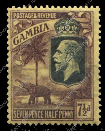 Гамбия 1922-1929 гг. • Gb# 132 • 7½ d. • Георг V • осн. выпуск • слоны • MLH OG VF ( кат. - £18 )