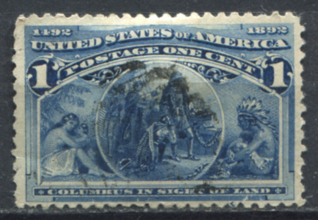 США 1893 г. • SC# 230 • 1 c. • Колумбова выставка • Сцена на корабле • Used F-VF