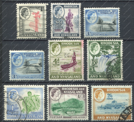 Родезия и Ньясаленд 1959-1962 гг. • Gb# 19 .. 28 • 1 d. .. 2s.6d. • Елизавета II ( 9 марок ) • Used VF