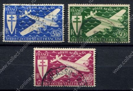 Французская Западная Африка 1947 г. • Iv# A1-3 • 5.5 - 100 fr. • Лондонский выпуск • авиапочта • полн. серия • Used VF ( кат. - €5 )