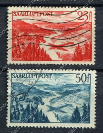 Саар 1948 г. • Mi# 252-253 • 25 и 50 fr. • Тень самолета над рекой • авиапочта • Used VF ( кат.- €8 )