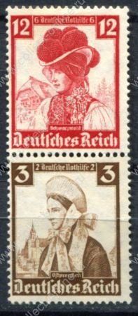 Германия 3-й рейх 1935 г. • Mi# S235 • 3 + 12 pf. • женские головные уборы • сцепка 2 марки(из буклета) • MNG VF 