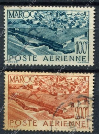 Французское Марокко 1947 г. • Iv# A63-64 • 100 и 200 fr. • самолет над берегом моря • авиапочта • Used F-VF