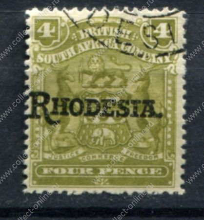 Родезия 1909-1912 гг. • Gb# 105 • 4 d. • герб колонии • надпечатка • "Rhodesia." • стандарт • Used VF ( кат.- £ 5 )