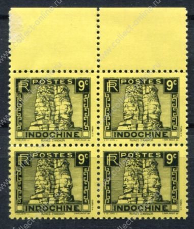 Индокитай 1941 г. • Iv# 215 • 9 c. • статуи храма Ангкор-Ват • кв. блок • MNH OG XF+