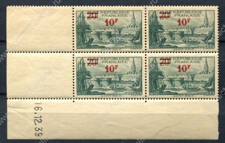 Франция 1941 г. • Mi# 494(Iv# 492) • 10/20 fr. • Архитектура, надпечатка нов. номинала • кв. блок • MNH OG XF*
