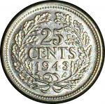 Кюрасао 1943 г. P • KM# 38 • 25 центов • королева Вильгельмина • знак - "пальма" • серебро • регулярный выпуск • MS BU ( кат.- $ 25 )