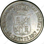 Испания 1868 г. • KM# 628.2 • 40 сентимо • Королева Изабелла II • королевский герб • регулярный выпуск • VF+