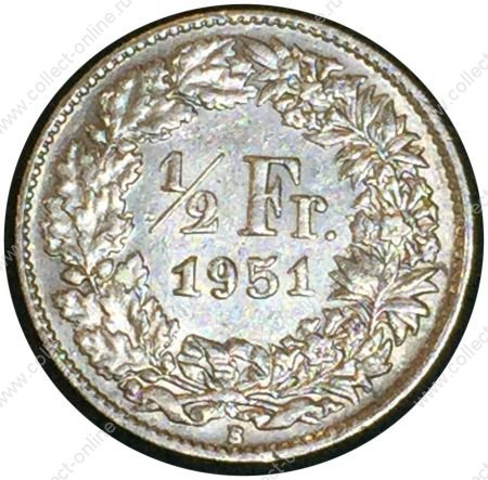 Швейцария 1951 г. B (Берн) • KM# 23 • ½ франка • серебро • регулярный выпуск • XF-AU