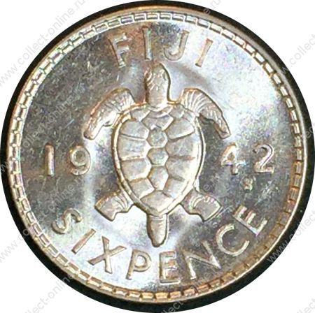 Фиджи 1942 г. S • KM# 11a • 6 пенcов • черепаха • серебро • регулярный выпуск • MS BU Люкс!!