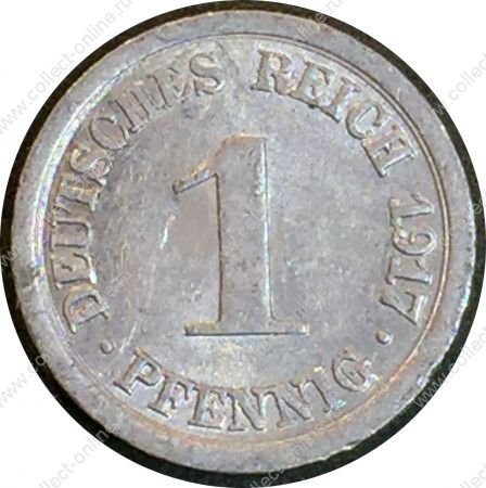 Германия 1917 г. A(Берлин) • KM# 24 • 1 пфенниг • Имперский орел • регулярный выпуск • AU+ ( кат. - $6 )