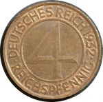 Германия 1932 г. A(Берлин) • KM# 75 • 4 рейхспфеннига • орел • регулярный выпуск • MS BU красн. ( кат. - $40 )