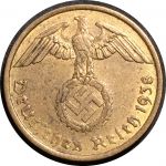 Германия • 3-й рейх 1938 г. A (Берлин) • KM# 92 • 10 рейхспфеннигов • орел на венке • регулярный выпуск • AU-