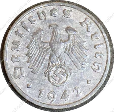 Германия 1942 г. E (Мюндельхуттен) • KM# 97 • 1 рейхспфенниг • орел на венке • регулярный выпуск • XF-AU