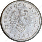 Германия • 3-й рейх 1942 г. E (Мюндельхуттен) • KM# 97 • 1 рейхспфенниг • орел на венке • регулярный выпуск • XF-AU