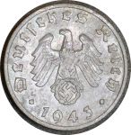 Германия • 3-й рейх 1943 г. B (Вена) • KM# 97 • 1 рейхспфенниг • орел на венке • регулярный выпуск • XF-AU