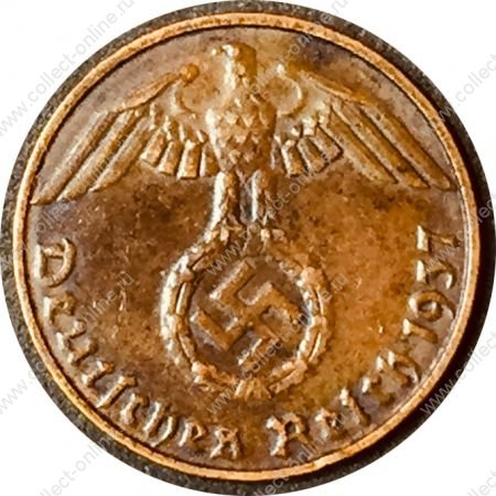 Германия 1937 г. D (Мюнхен) • KM# 89 • 1 рейхспфенниг • орел на венке • регулярный выпуск • XF